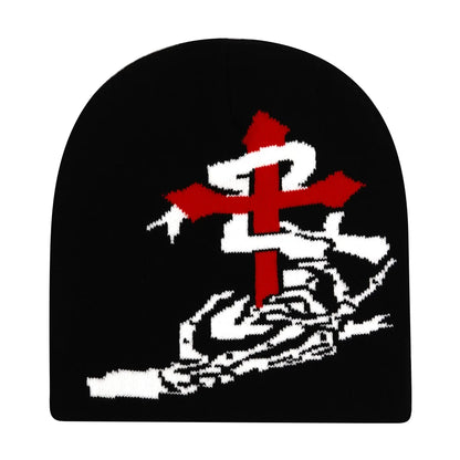 Black knit hat with bold red and white embroidered cross and skeletal hands designed as a warm beanies women skiing beanie outdoor