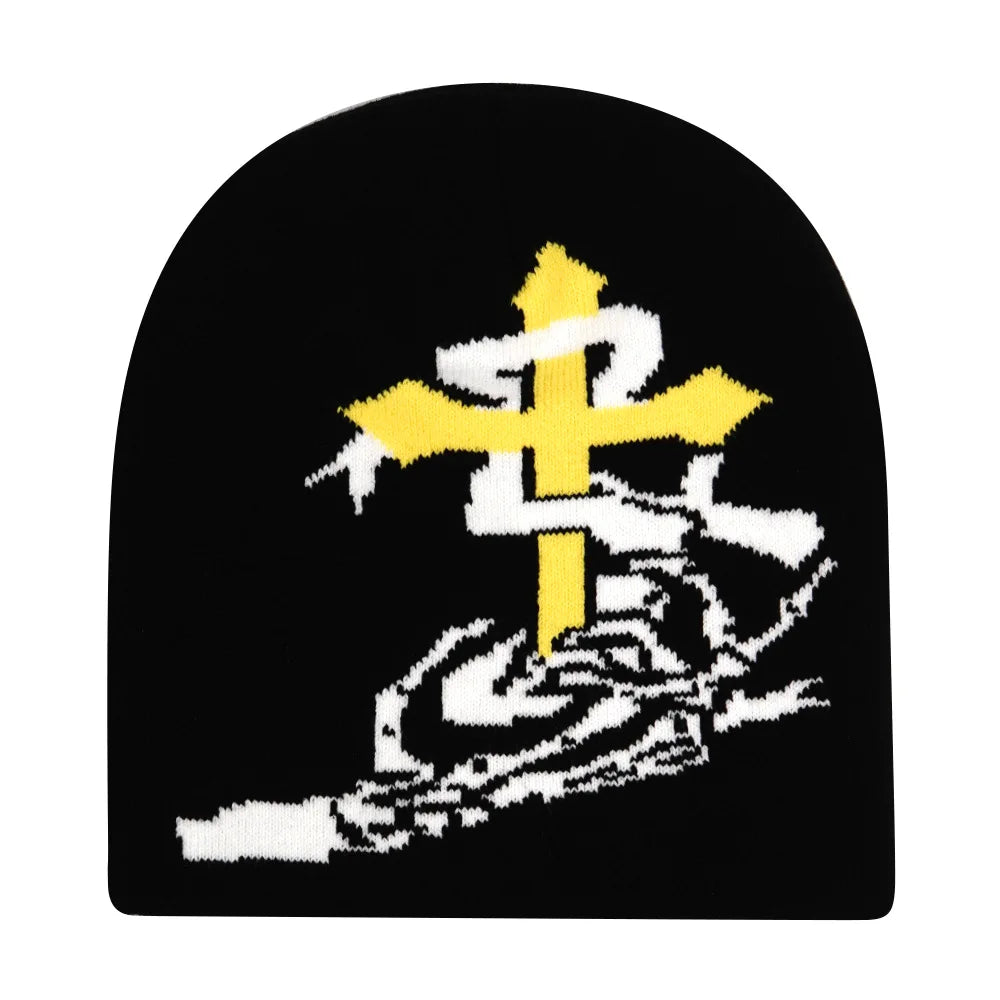 Black knit hat with bold yellow and white embroidered cross warm beanies women skiing beanie outdoor windproof design
