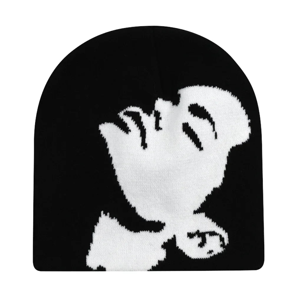 Black knit hat featuring a bold white knitted hand graphic warm beanies women skiing beanie outdoor windproof skullcap