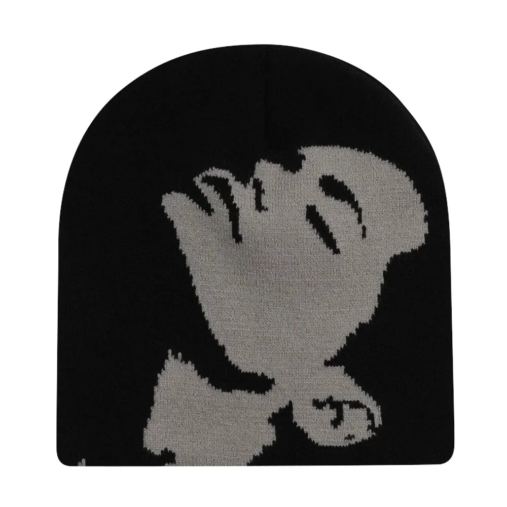 Black knit hat with a prominent gray pixelated skull design warm beanies women skiing beanie outdoor use