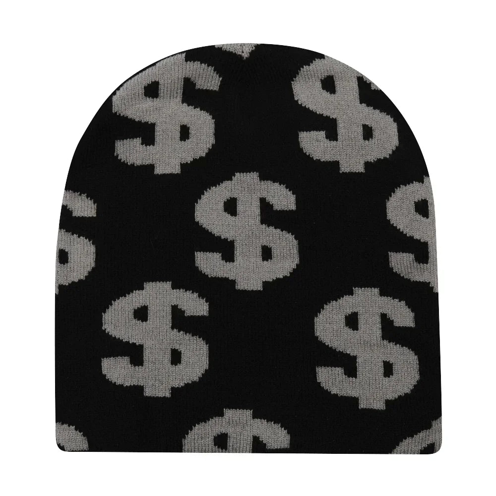 Black knit hat with gray dollar sign pattern designed as a warm beanie for women and skiing beanie outdoor use