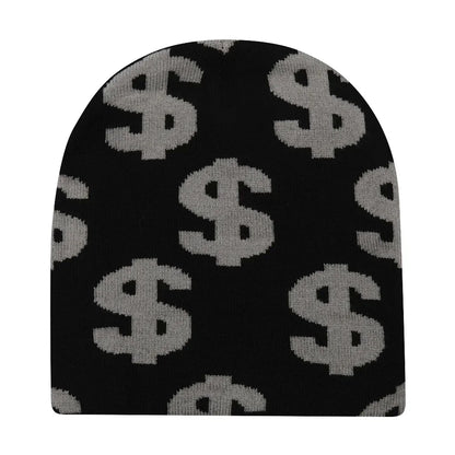Black knit hat with gray dollar sign pattern designed as a warm beanie for women and skiing beanie outdoor use