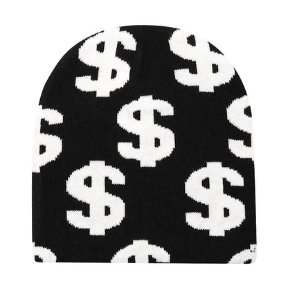 Black knit hat featuring bold white dollar sign pattern designed as a warm beanie for women and skiing beanie outdoor use