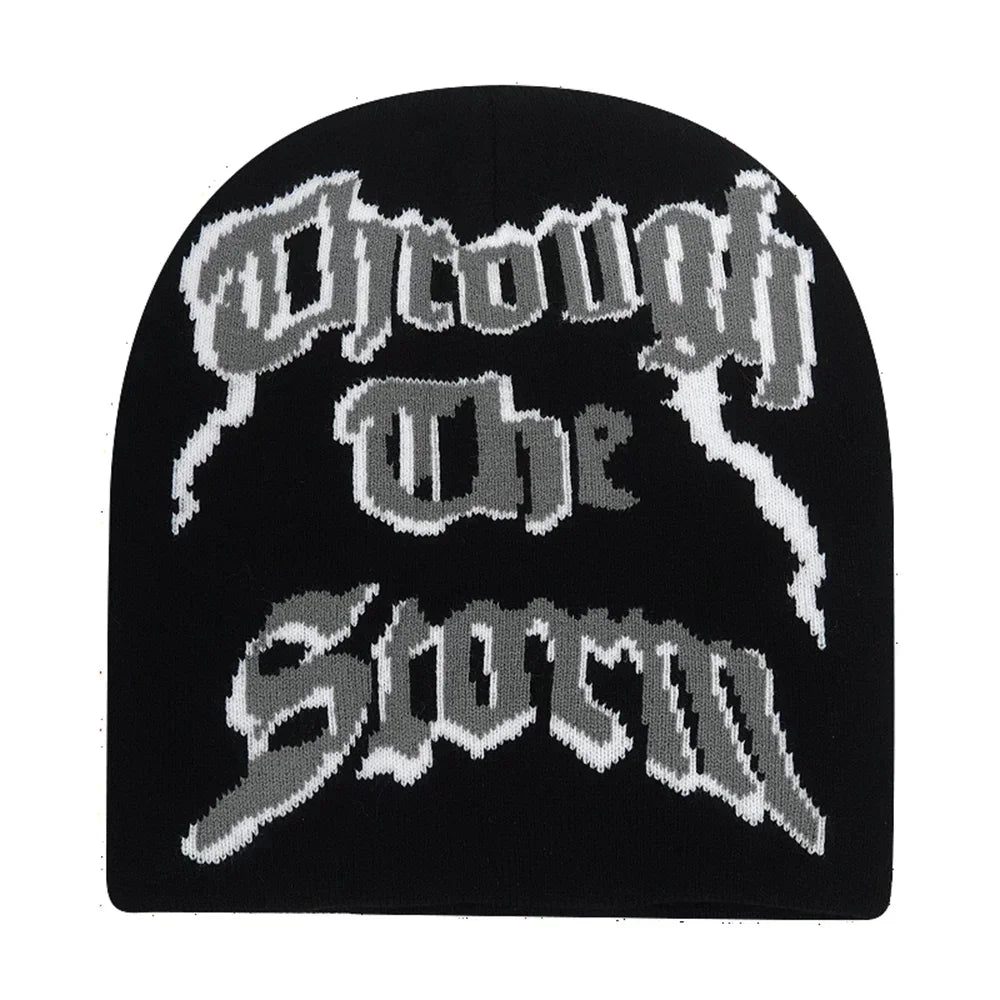 Black knit hat with through the storm embroidered in gothic style, warm beanies women skiing beanie outdoor windproof skullcap
