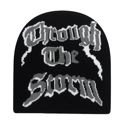Black knit hat with through the storm embroidered in gothic style, warm beanies women skiing beanie outdoor windproof skullcap