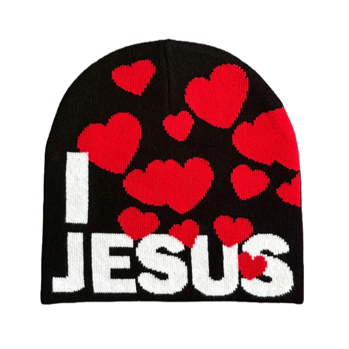 Black knit hat featuring bold white i jesus text and red hearts warm beanies women suitable for skiing beanie outdoor use