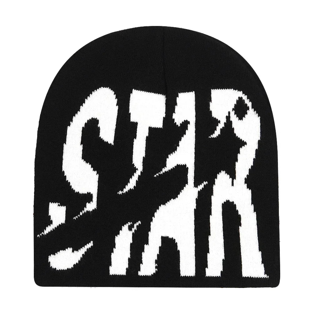 Black knit hat with a bold white pixelated star logo warm beanies women skiing beanie outdoor windproof design