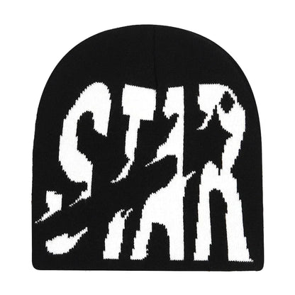 Black knit hat with a bold white pixelated star logo warm beanies women skiing beanie outdoor windproof design