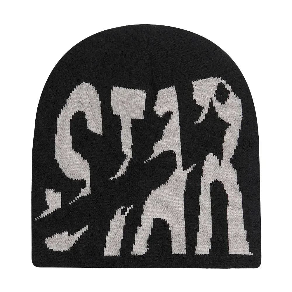 Black knit hat featuring an off-white pixelated star logo warm beanies women skiing beanie outdoor use