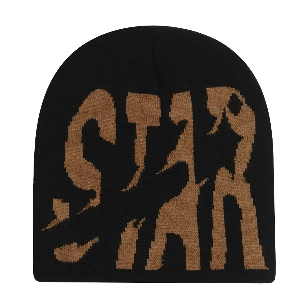 Black knit hat featuring a bold tan star logo in textured font warm beanies women skiing beanie outdoor use
