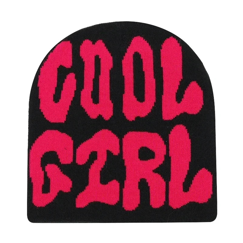 Black knit hat with bold pink cool girl lettering warm beanies women skiing beanie outdoor windproof skullcap