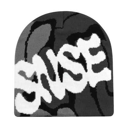 Black knit hat with black and white graffiti-style salsa logo and camouflage pattern warm beanies women skiing beanie outdoor