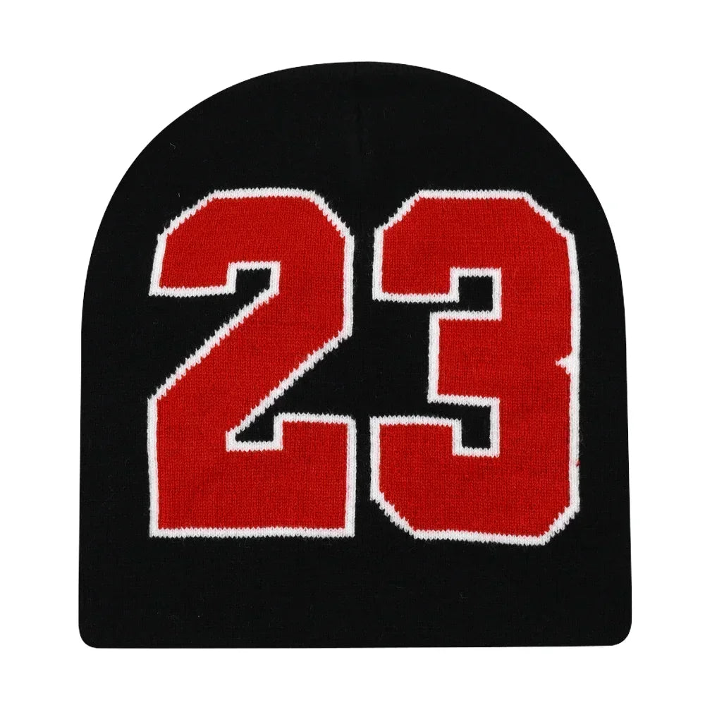Black knit hat featuring bold red and white embroidered 23 number warm beanies women skiing beanie outdoor use