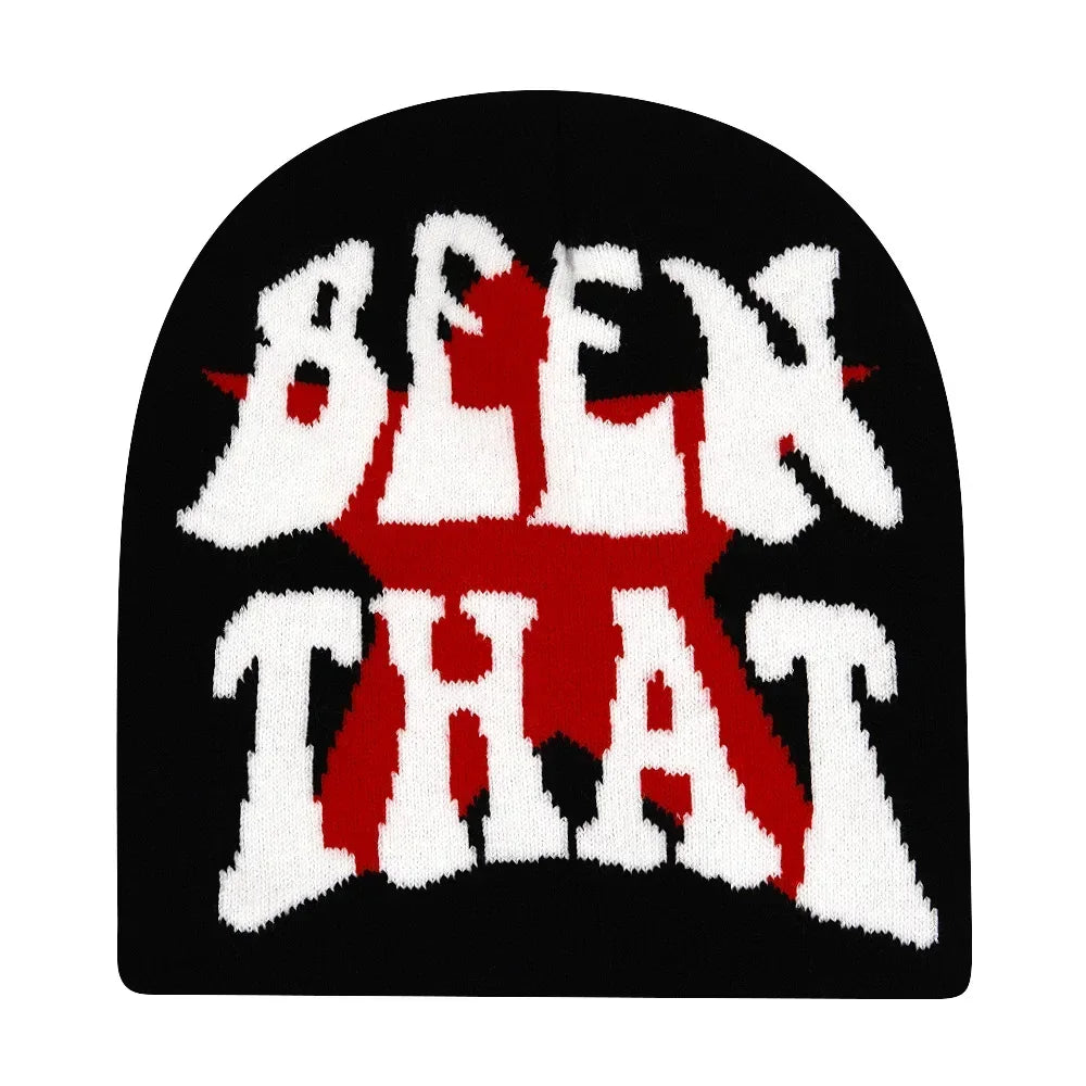Black knit hat with bold white and red embroidered text warm beanies women suitable for skiing beanie outdoor use