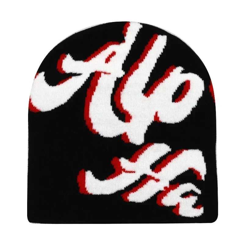 Black knit hat with bold white and red all the lettering warm beanies women skiing beanie outdoor windproof skullcap