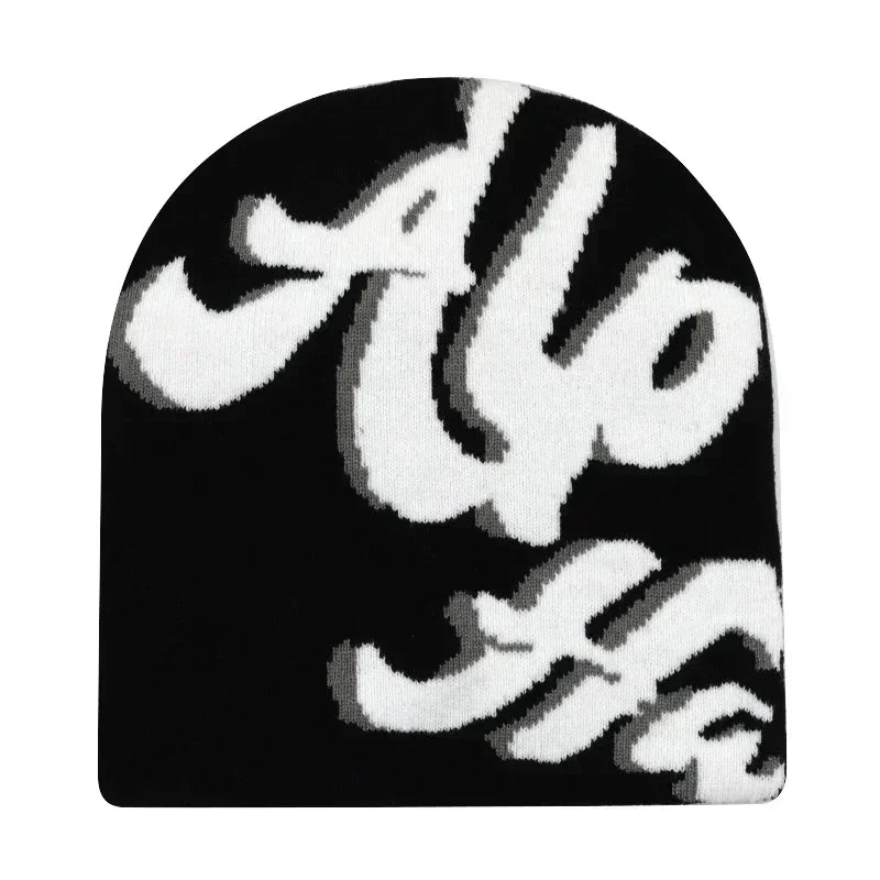 Black knit hat featuring a bold white all logo knit beanie designed as warm beanies women and skiing beanie outdoor