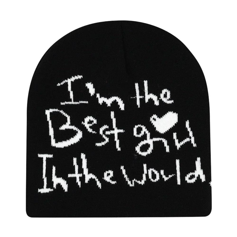 Black knit hat with white embroidered text and heart symbol warm beanies women skiing beanie outdoor windproof skullcap