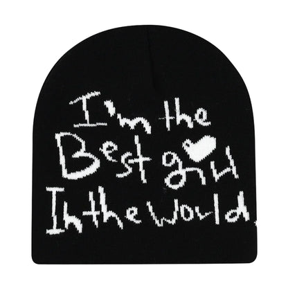 Black knit hat with white embroidered text and heart symbol warm beanies women skiing beanie outdoor windproof skullcap