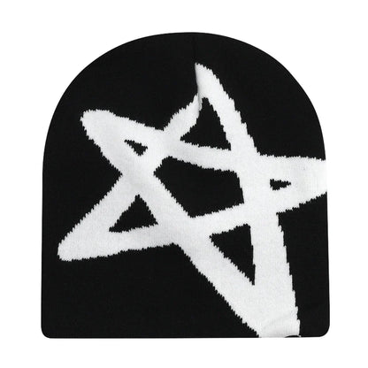 Black knit hat featuring a bold white pentagram design warm beanies women skiing beanie outdoor windproof skullcap