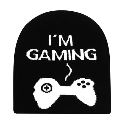 Black knit hat featuring a white knitted im gaming design and controller, warm beanies women skiing beanie outdoor use
