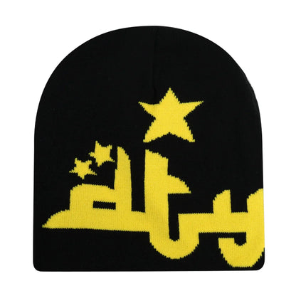 Black knit hat featuring bold yellow arabic script and star motifs warm beanies women skiing beanie outdoor use