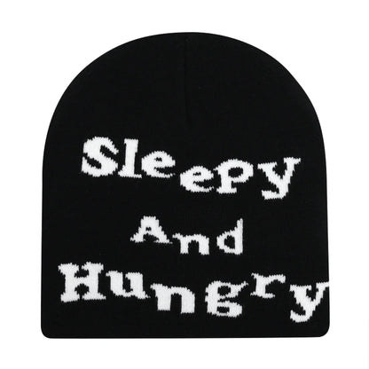 Black knit hat with white sleepy and hungry embroidery, warm beanies women for skiing beanie outdoor use