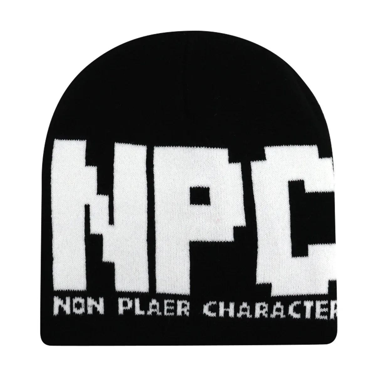 Black knit hat with bold white npc lettering and non player character phrase warm beanies women skiing beanie outdoor use