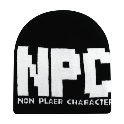 Black knit hat with bold white npc lettering and non player character phrase warm beanies women skiing beanie outdoor use