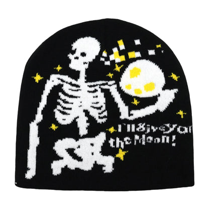 Black knit hat with white pixelated skeleton and yellow moon design warm beanies women skiing beanie outdoor use