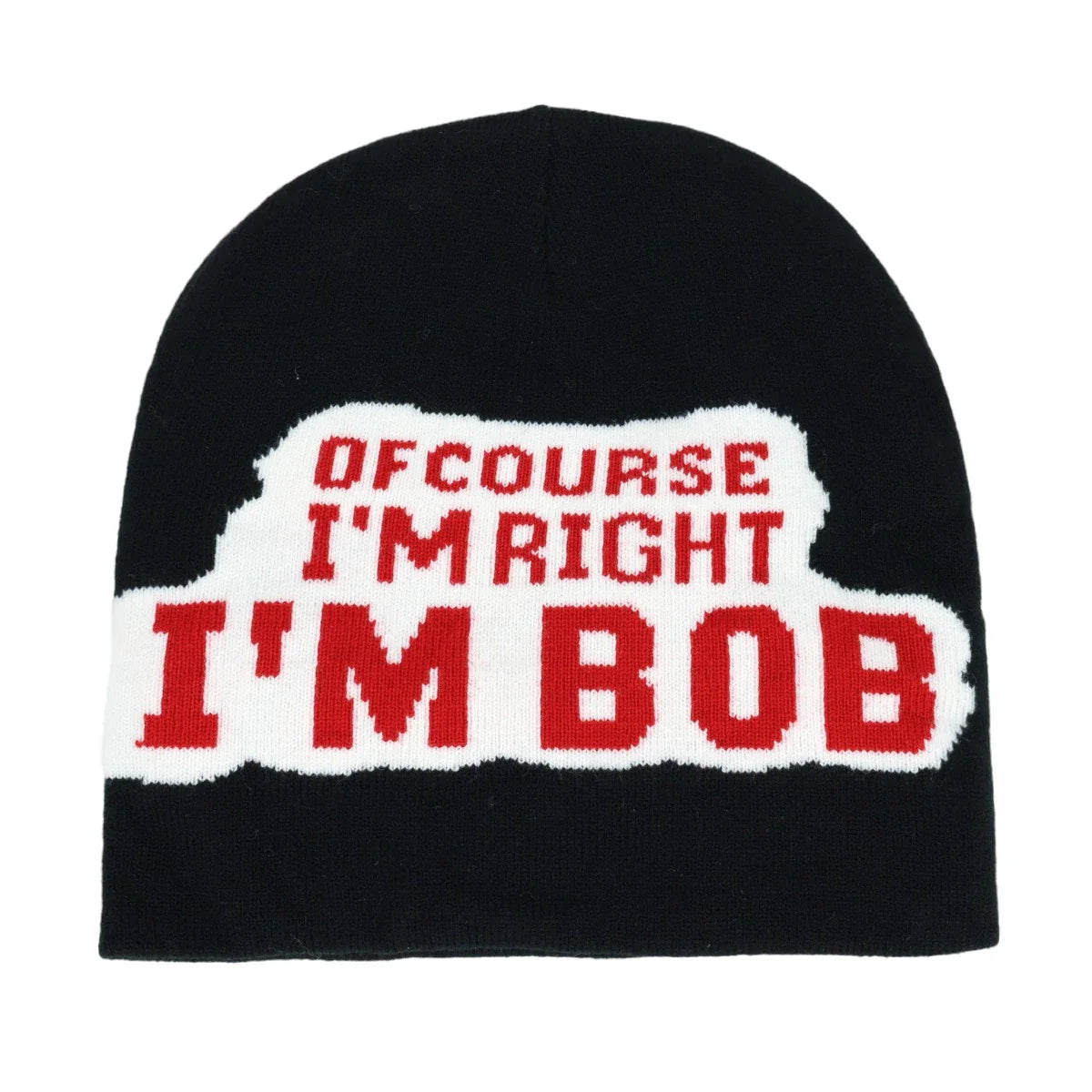 Black knit hat with torn-edge white band and bold red text perfect warm beanies women skiing beanie outdoor use