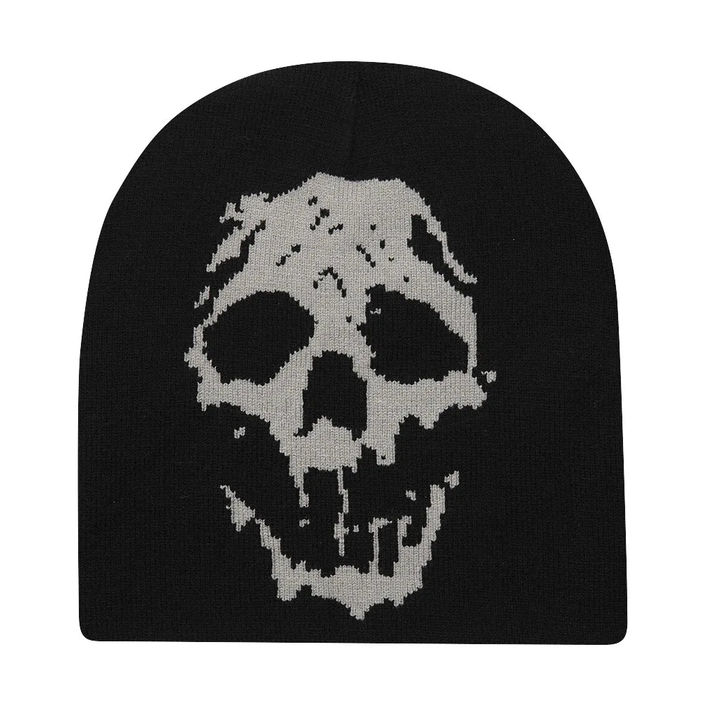 Black knit hat with a pixelated white skull design warm beanies women skiing beanie outdoor windproof unisex