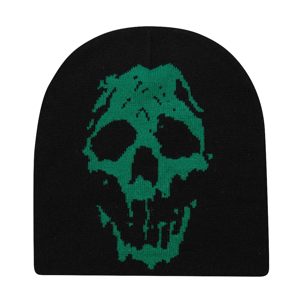 Black knit hat with a green skull design knit beanie warm beanies women skiing beanie outdoor windproof skullcap unisex