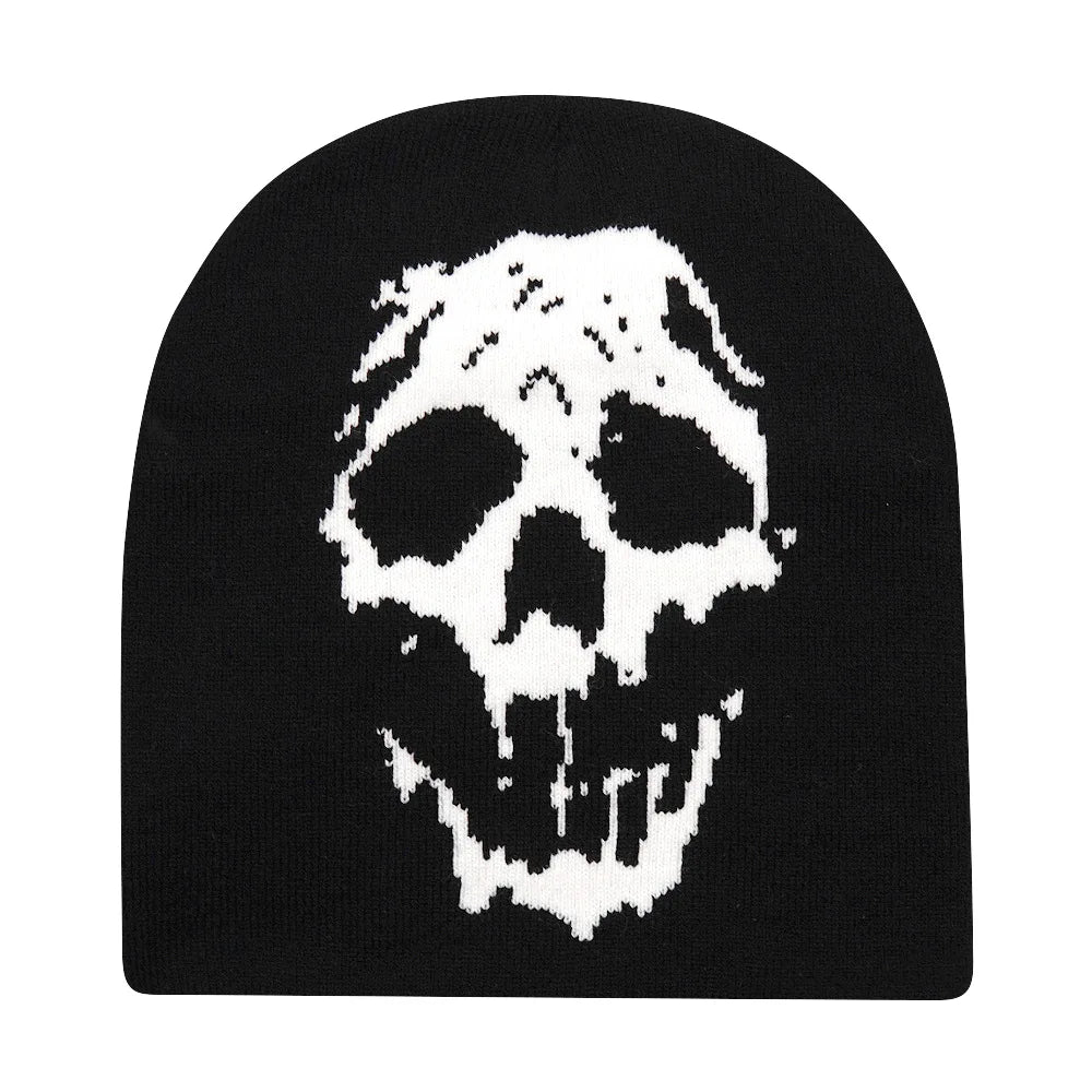 Black knit hat featuring a white pixelated skull design warm beanies women skiing beanie outdoor windproof skullcap