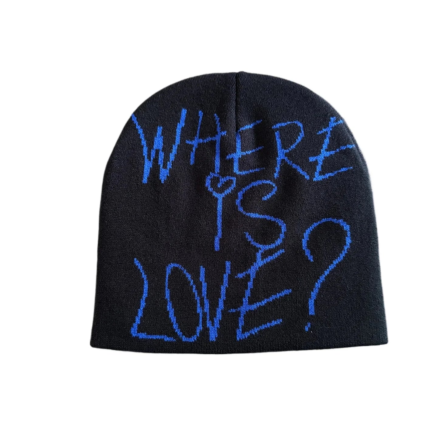 Black knit hat with blue embroidered where is love text warm beanies women skiing beanie outdoor windproof skullcap