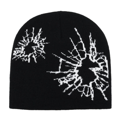 Black knit hat with bold white embroidered splatter designs warm beanies women skiing beanie outdoor use