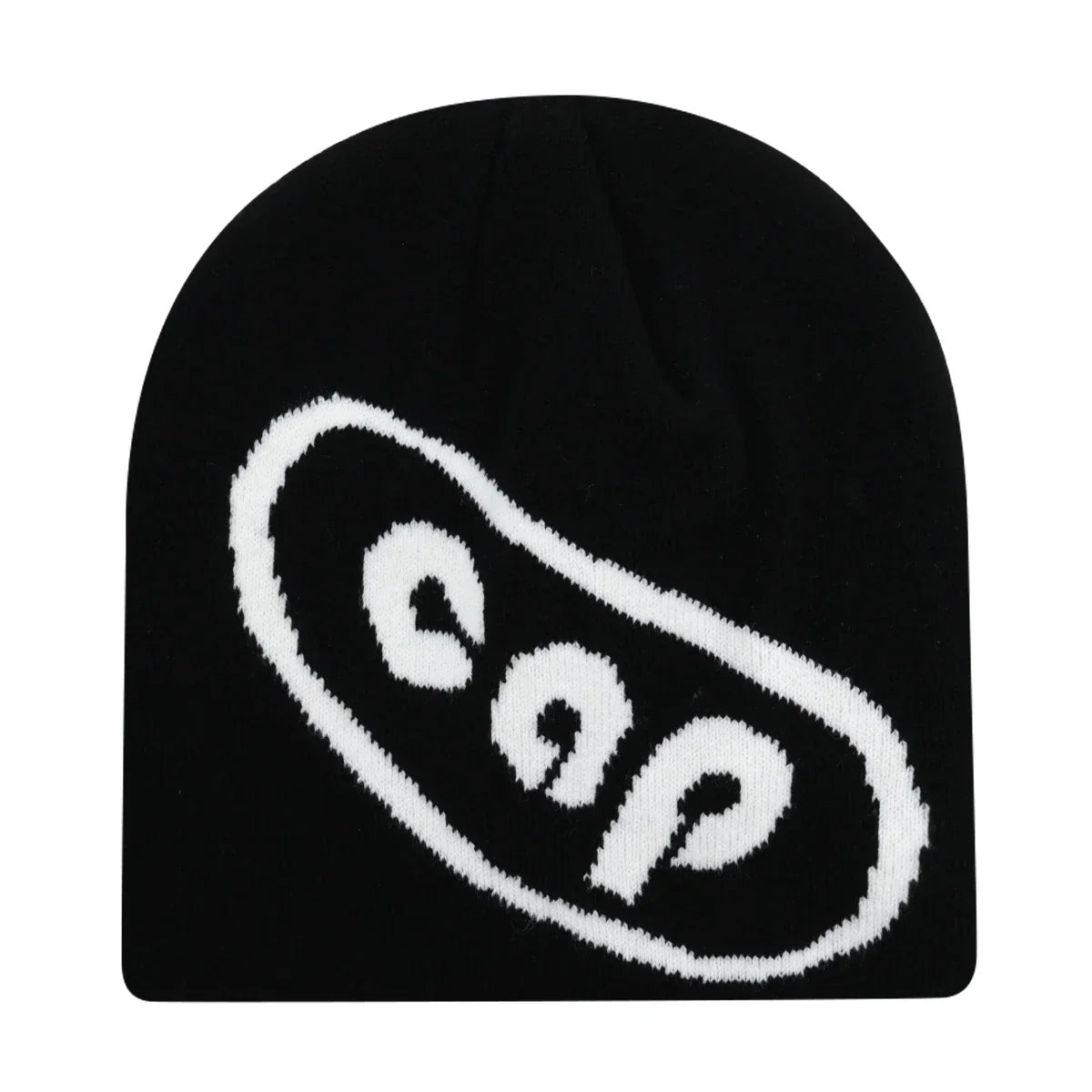 Black knit hat with bold white embroidered cap logo designed as a warm beanie for skiing beanie outdoor use