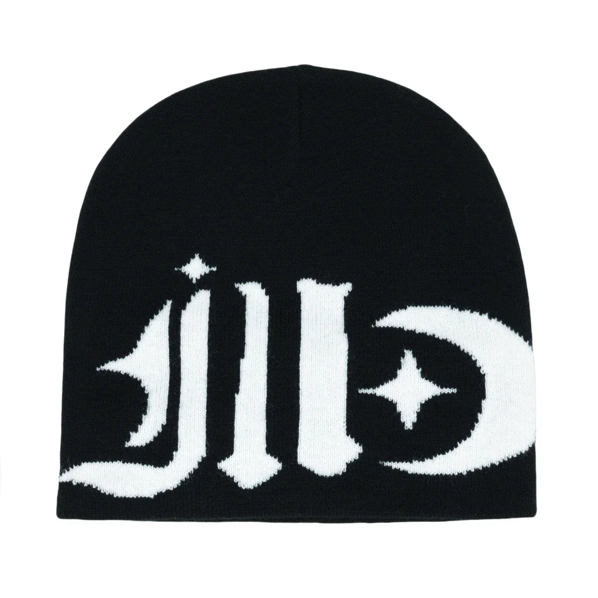 Black knit hat with bold white embroidered logo and star accents warm beanies women skiing beanie outdoor use