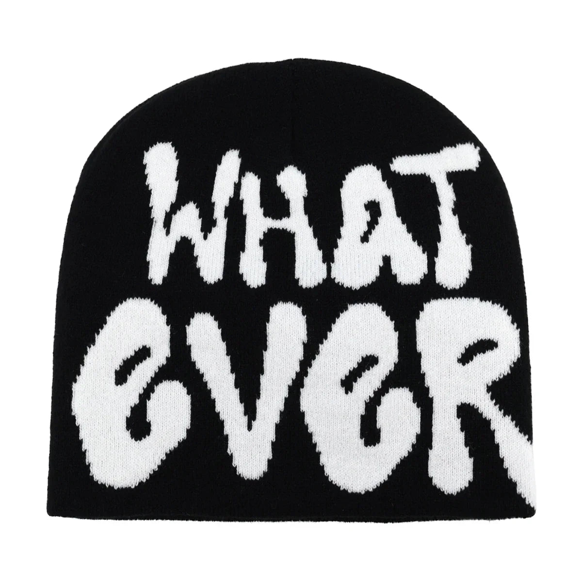 Black knit hat featuring bold white whatever lettering designed as a warm beanie for women suitable for skiing outdoor use