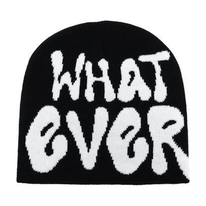 Black knit hat featuring bold white whatever lettering designed as a warm beanie for women suitable for skiing outdoor use