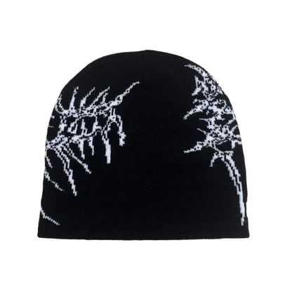 Black knit hat with white skeletal wing designs, warm beanies women suitable for skiing beanie outdoor use