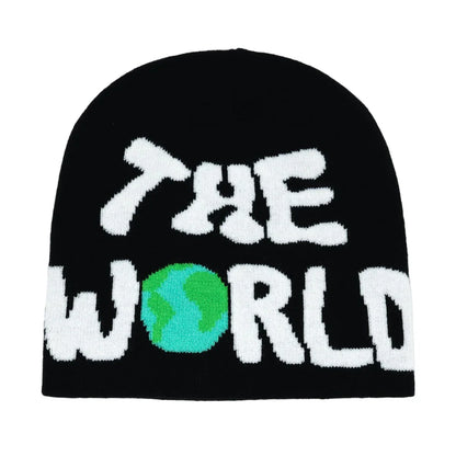 Black knit hat with a green and teal globe design warm beanies women skiing beanie outdoor windproof skullcap