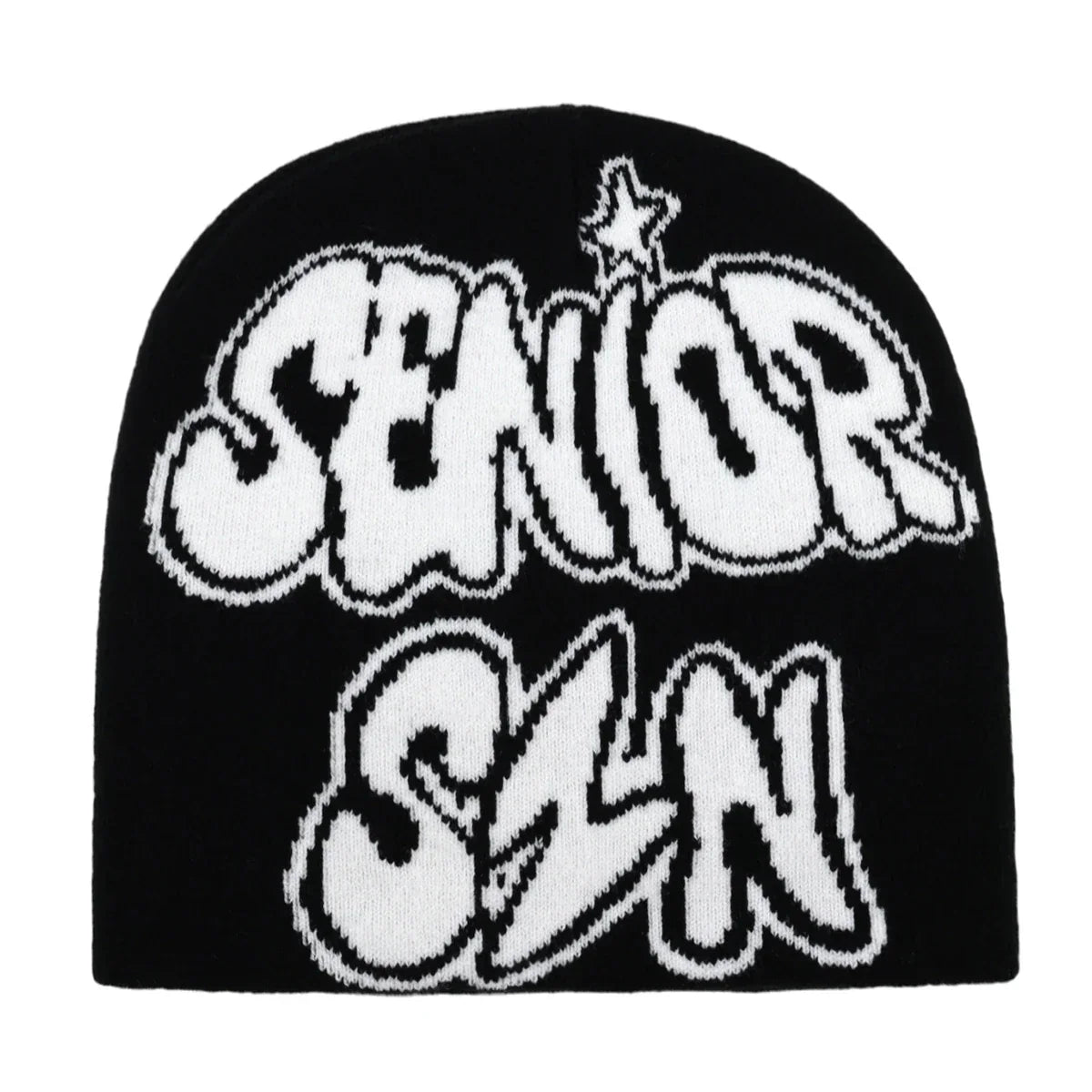 Black knit hat with bold white graffiti lettering senior and sln warm beanies women skiing beanie outdoor windproof skullcap