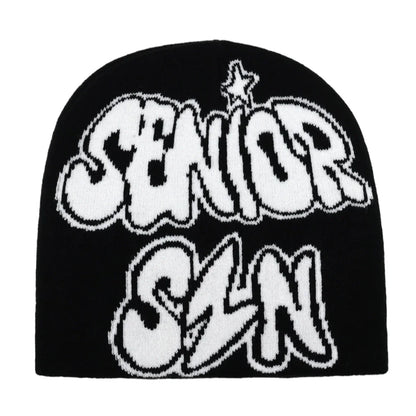 Black knit hat with bold white graffiti lettering senior and sln warm beanies women skiing beanie outdoor windproof skullcap