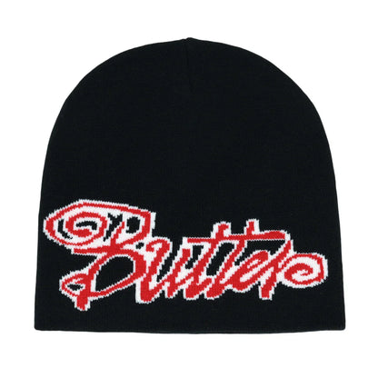 Black knit hat with bold red and white butter logo embroidered warm beanies women skiing beanie outdoor use