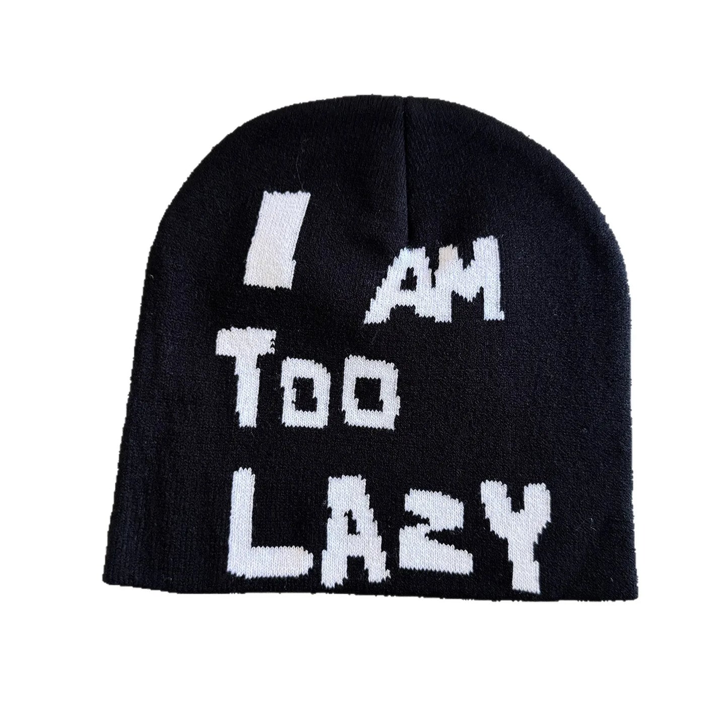 Black knit hat with white pixelated i am too lazy text warm beanies women ideal for skiing beanie outdoor use