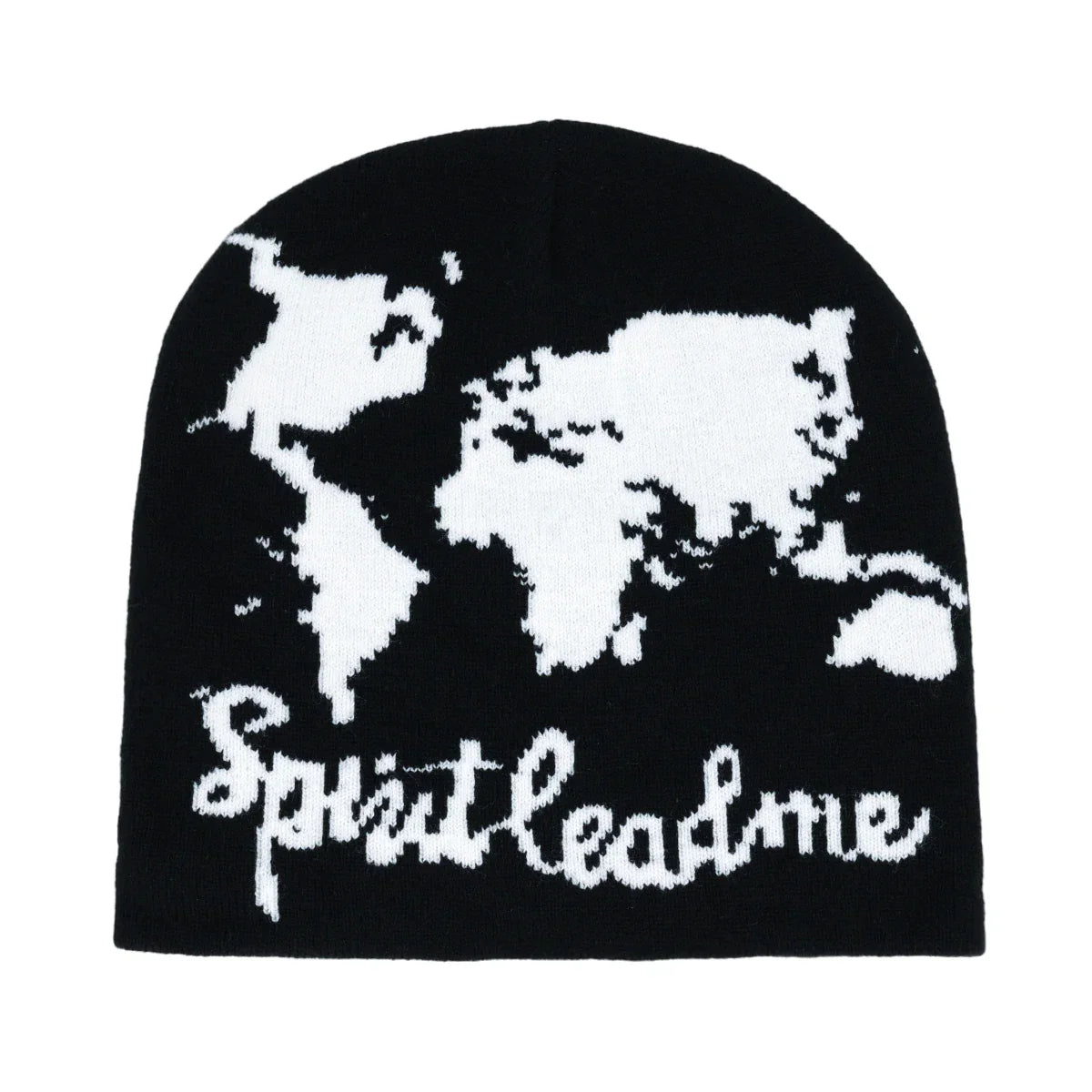 Black knit hat featuring a white pixelated world map and spirit lead me cursive lettering warm beanies women skiing beanie outdoor