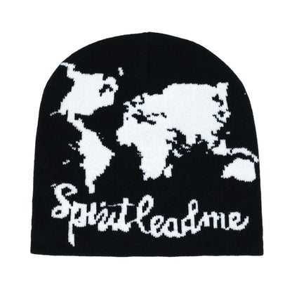 Black knit hat featuring a white pixelated world map and spirit lead me cursive lettering warm beanies women skiing beanie outdoor