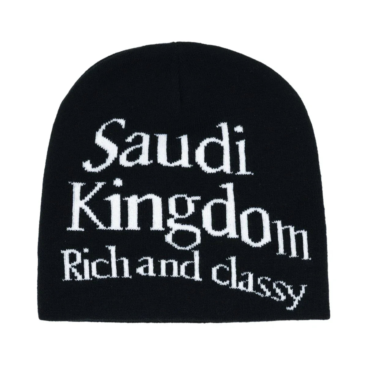 Black knit hat with white embroidered saudi kingdom rich and classy text warm beanies women skiing beanie outdoor use