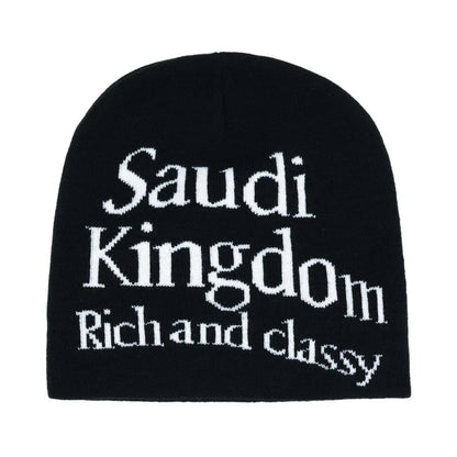 Black knit hat with white embroidered saudi kingdom rich and classy text warm beanies women skiing beanie outdoor use
