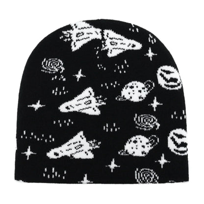 Black knit hat featuring a white space-themed pattern with rockets and stars warm beanies women skiing beanie outdoor